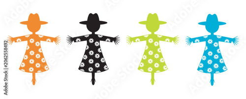 Fotografía Scarecrow silhouette icon set, spooky halloween scarecrow witch hat floral decor