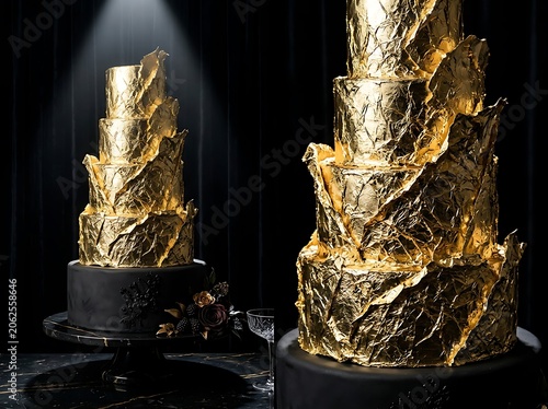 Golden Multi-Tiered Wedding Cake on Black Stand with Spotlight
