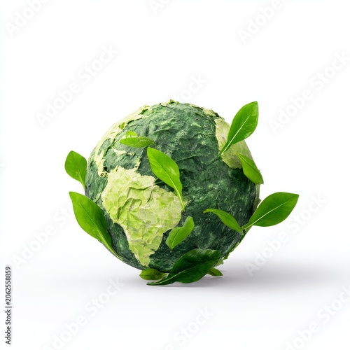 Earth globe sustainability green leaves wrap, isolated on pure white background