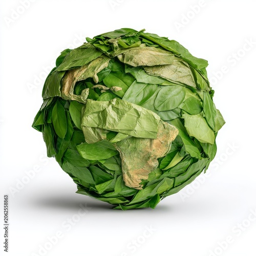 Earth globe sustainability green leaves wrap, isolated on pure white background