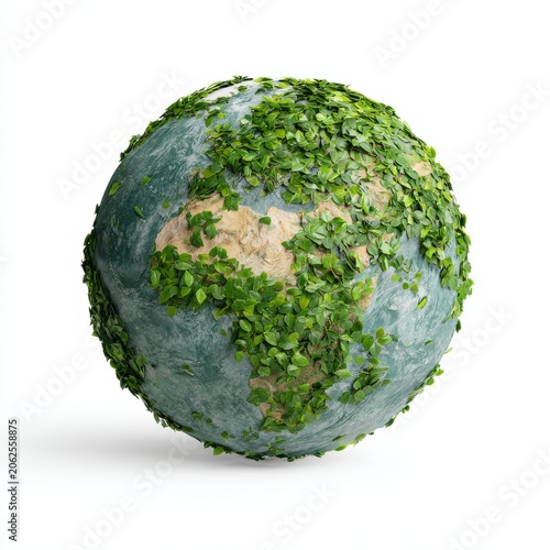 Earth globe sustainability green leaves wrap, isolated on pure white background