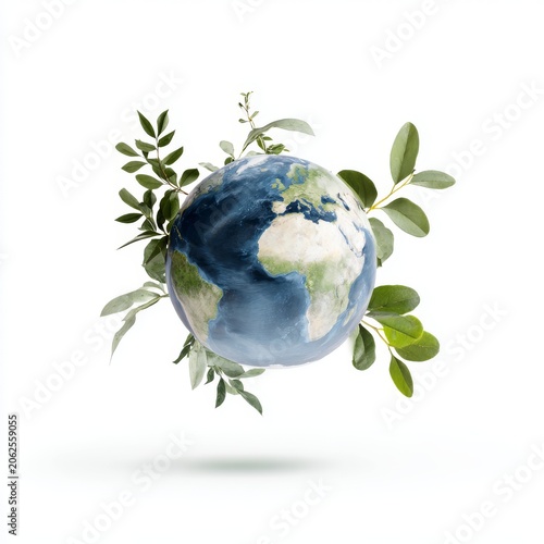Earth globe sustainability green leaves wrap, isolated on pure white background