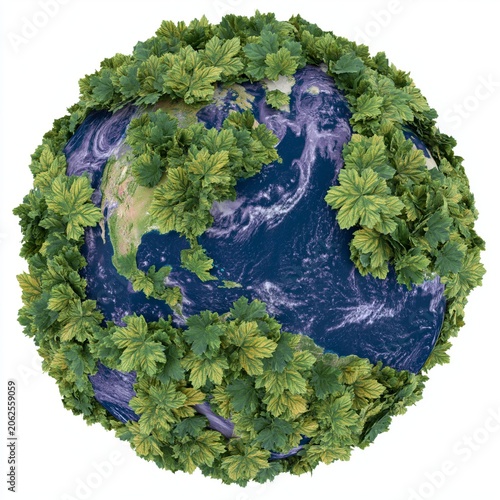 Earth globe sustainability green leaves wrap, isolated on pure white background