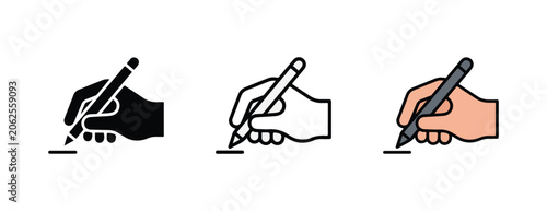 Photos hand icons with writing instruments actively engaged in the act of writing on a