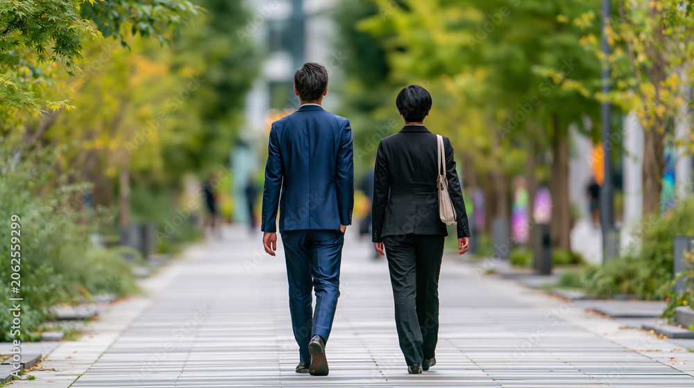Obraz premium A Path Forward: Two professionals, dressed in smart business attire, walk together down a tree-lined avenue, suggesting partnership and shared direction in their journey.