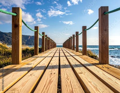 Wooden boardwalk stretches to sea, green ropes guiding. Coastline beyond. Blue sky and light clouds overhead, sunny day