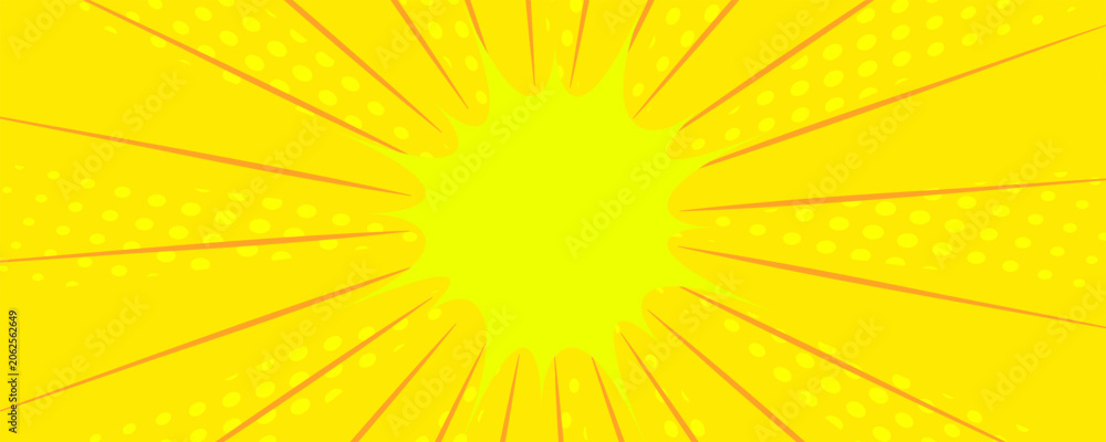 Fototapeta premium Dynamic comic background with radial speed lines and explosive yellow burst effect. Manga-style action frame with energetic rays and graphic pop art elements.