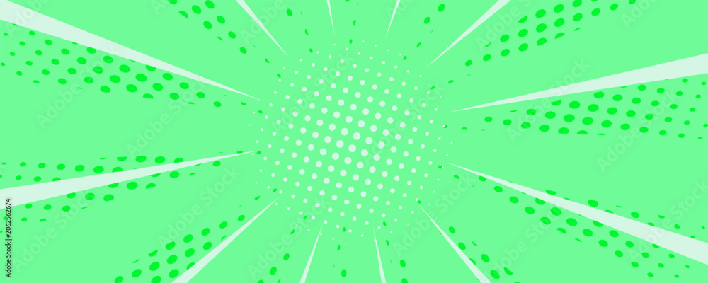 Fototapeta premium A bright anime background with bright speed lines radiating from the center. Green comic book with dramatic motion effects and retro cartoon graphic design.