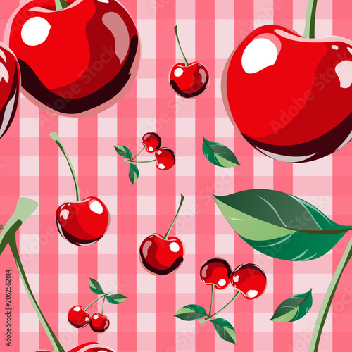 Seamless vector pattern featuring ripe red cherries with green leaves scattered over a classic pink and white gingham checkered background. Perfect for retro textiles and summer designs.