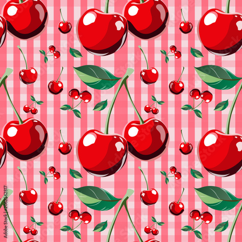 Seamless cherry pattern on pink gingham background. Vibrant red cherries with green leaves, perfect for summer textiles, wrapping paper, wallpaper, and retro designs.