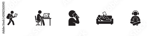 People using gadgets and technology icon set. Man working on laptop, talking on phone, lying on sofa with tablet, and listening to music in headphones. Vector illustration.