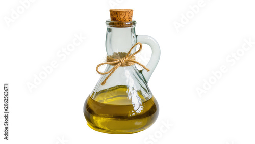 Photos Glass cruet with olive oil and cork stopper tied with twine