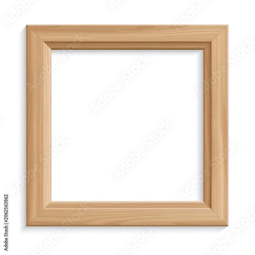 Wood frame with inner trim, showcasing an empty square space, casting a soft shadow below
