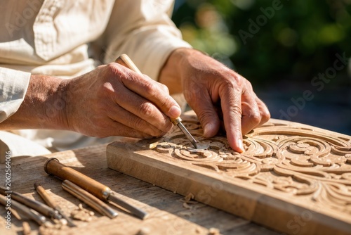 Obraz na plátně Artisan hands of experienced craftsman carving intricate floral patterns on wooden block with chisel in outdoor workshop, focused traditional woodwork concept, close-up shot with soft natural light