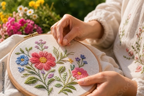 Fényképezés Female hands embroidering colorful floral pattern on white linen fabric in wooden hoop, peaceful outdoor garden setting, close-up shot with soft natural sunlight, creative hobby concept