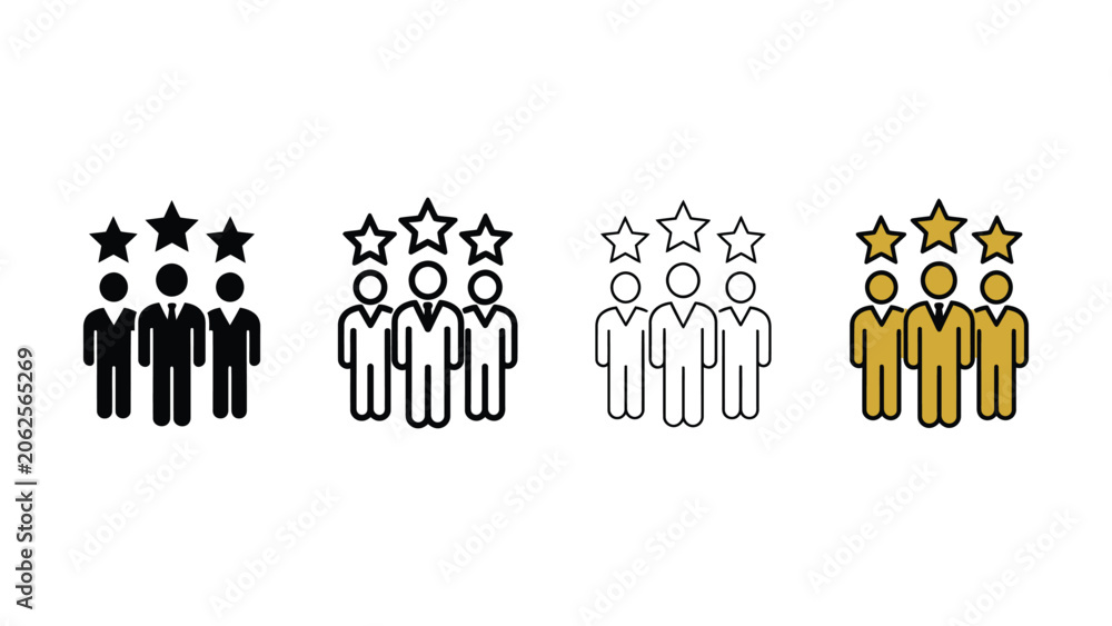 Obraz premium Four variations of customer review ratings with groups of people and stars flat icon set