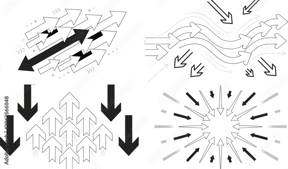 Obraz premium Black and White Vector Arrow Icon Set with Diverse Dynamic Directional Symbols for Infographics Flowcharts Business Presentations and UI Designs