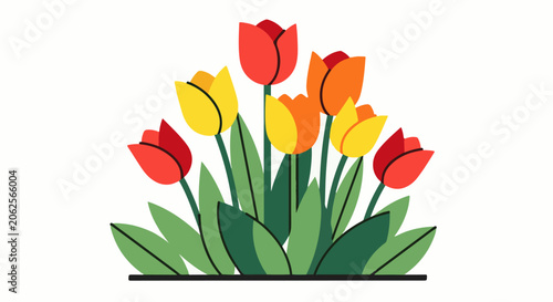 Vibrant bouquet of red, yellow, and orange tulips with green foliage