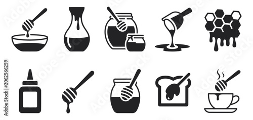 Cuadro en lienzo Honey icon set, honey jars honey dipper honeycomb and toast spread food concept