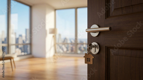 Modern apartment door with city view, key in lock, empty room interior