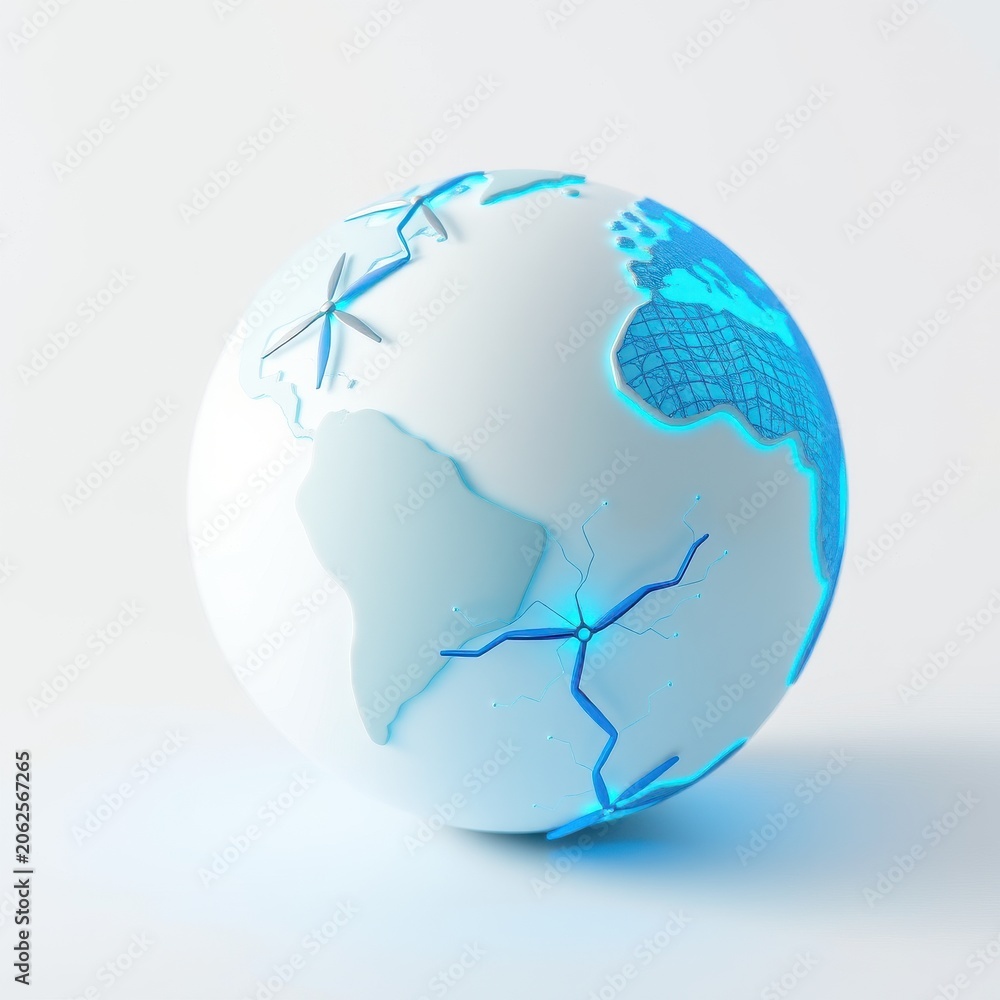 Obraz premium Cracked globe illustration. Blue light emanates from fissures, suggesting fragility, damage, potential disaster. Minimalist style, white background.