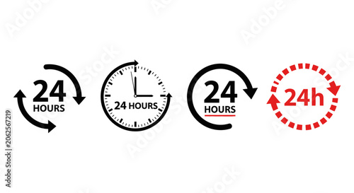 24 hours service icons set, black and red clock symbols for non-stop business, full day availability vector signs for customer support