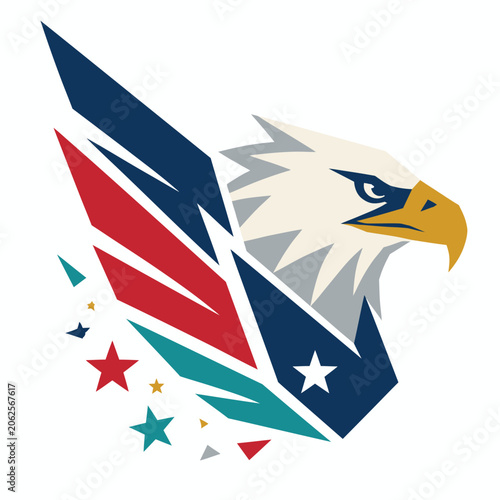 Patriotic Eagle Head with American Flag Wings and Stars.