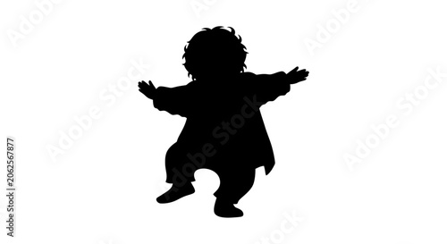 Fotografie Toddler silhouette dancing with joy captures the pure spirit of childhood happiness and carefree play in a simple black graphic design that celebrates the innocence and energy of a growing child