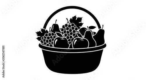 Tableau sur toile Basket filled with fresh seasonal fruits like grapes and apples serves as a classic symbol of healthy organic harvest and abundant nutrition depicted in a bold black silhouette graphic design style
