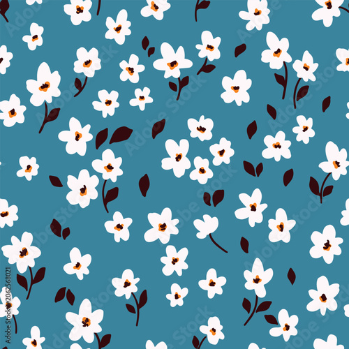 Seamless floral pattern, liberty ditsy print of tiny white flowers on blue background. Simple cute botanical design of mini hand drawn flowers, small leaves in random composition. Vector illustration.