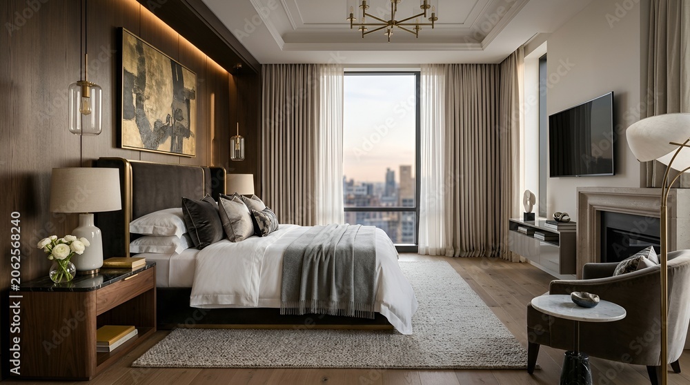 Fototapeta premium Luxurious Bedroom with City View, Elegant Interior Design, Comfort, Modern Living