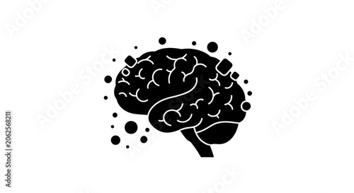 Brain icon depicted with floating digital particles represents cognitive processing and neural activity in a minimalist design.
