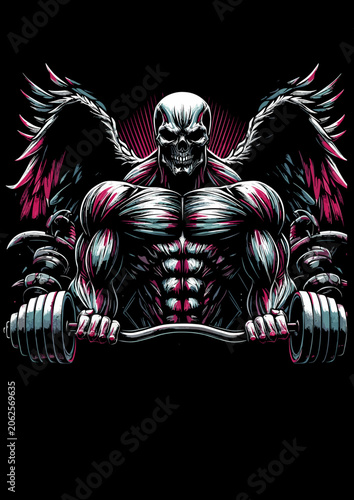 Dark winged skeleton skull bodybuilder lifting barbell gym vector