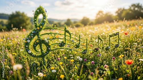 Nature music concept with green treble clef and floral notes