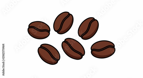 Stylized illustration of six dark brown coffee beans with a black outline on a white background