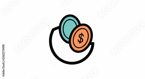 Stylized illustration of two coins, one with a dollar sign, on a crescent