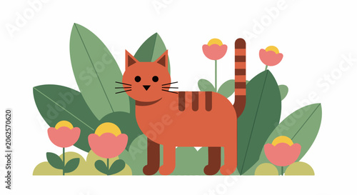 Whimsical orange tabby cat stands amidst stylized green leaves and pink flowers