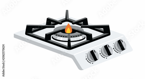White gas stove with three knobs and one burner alight