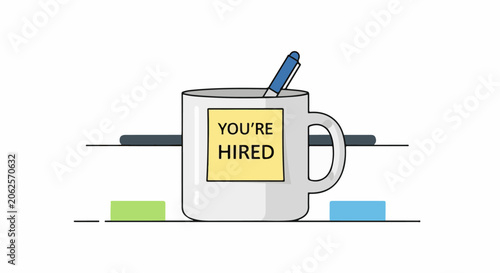 White mug with sticky note saying 