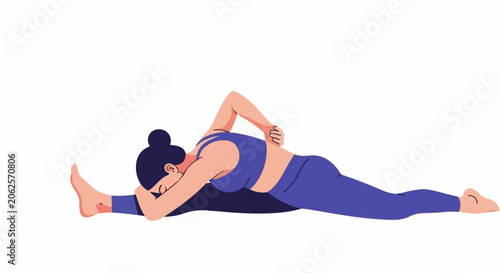 Woman in blue attire performs a deep forward split stretching exercise