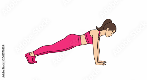 Woman in pink workout attire performing a plank exercise on a white background
