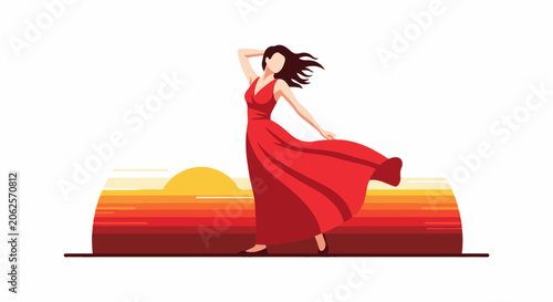 Woman in red dress posing against a sunset landscape