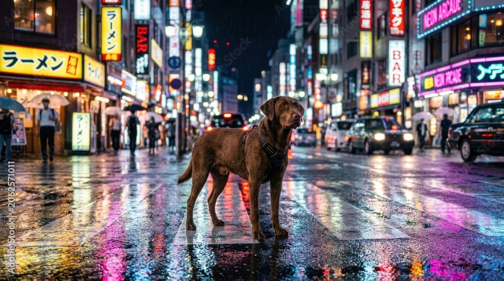 Fototapeta premium Loyal Dog Navigates Rainy Tokyo Street at Night.