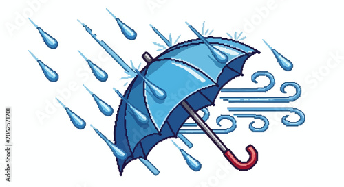 Tableau sur toile Blue umbrella in heavy rain and wind storm, protection from bad weather