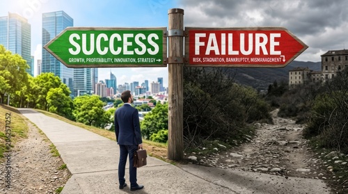 Man at Crossroads Sign Deciding Between Success and Failure.