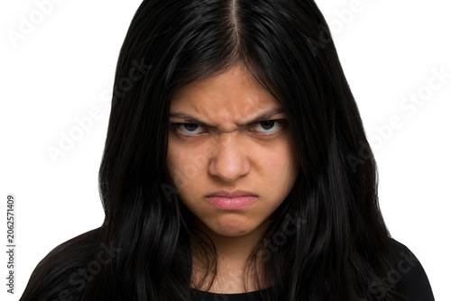 Portrait of Angry Young Asian Girl with Furious and Frowning Expression Isolated on Transparent Background