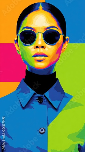 Colorful Pop Art Portrait of Woman in Sunglasses Against Vibrant Background