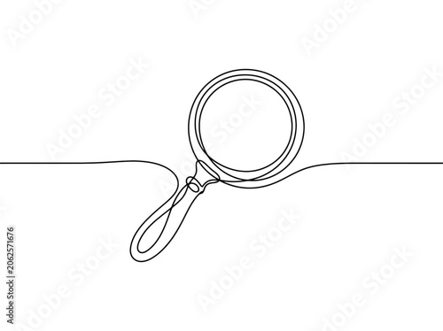Minimalist continuous line drawing of a magnifying glass for discovery and research while exploring ideas