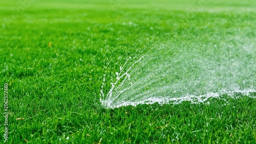 Green Field Irrigation: A close-up shot showcases a sprinkler watering a vibrant green field, emphasizing the lushness and care taken to maintain the grass.