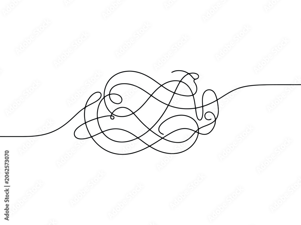 Obraz premium Abstract single line drawing with swirling shapes and loops in black and white representing complexity and confusion